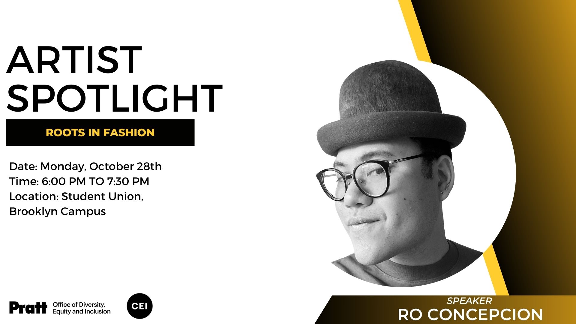 A flyer for an artist spotlight event featuring Ro Concepcion. The image shows Ro Concepcion wearing glasses and a round hat. The event title reads, 