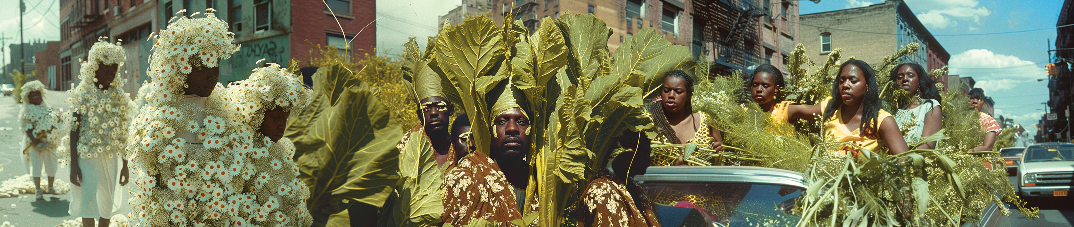 This image is a panoramic collage featuring people adorned in intricate plant-based costumes. The left side of the image showcases individuals covered in large daisies, with their faces partially obscured by the flowers. They walk down a street with buildings in the background, creating a contrast between the urban setting and their organic attire. Moving to the center and right side of the image, the scene transitions to figures wearing costumes made of massive, broad green leaves. These individuals appear solemn, surrounded by nature while riding in a vehicle, as others hold leafy branches and floral arrangements. The juxtaposition of their natural, plant-like garb and the urban environment is striking, with the city's buildings, cars, and streets adding a contemporary backdrop to the artistic, organic display.