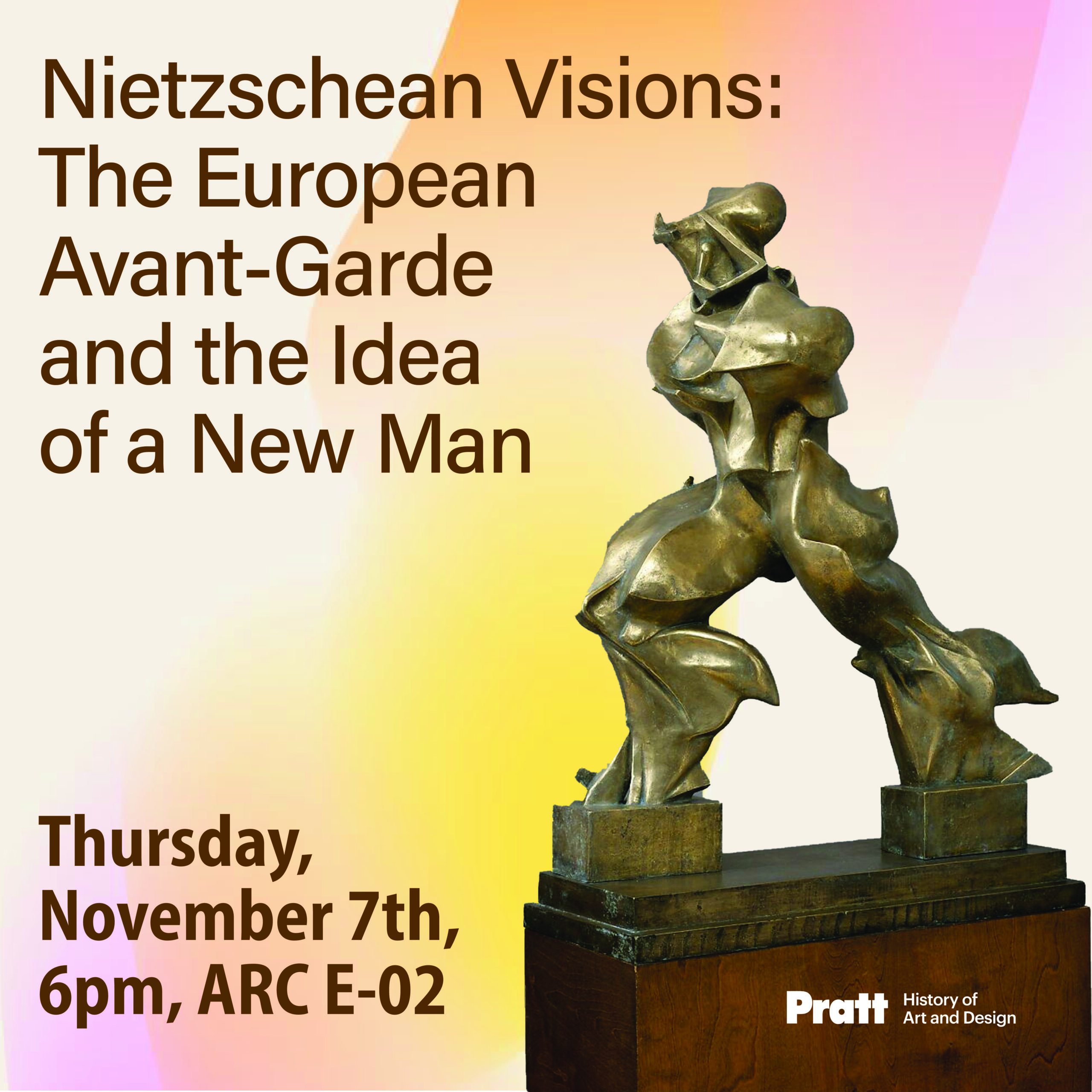 Event poster with the picture of an Avant-Garde brass sculpture.