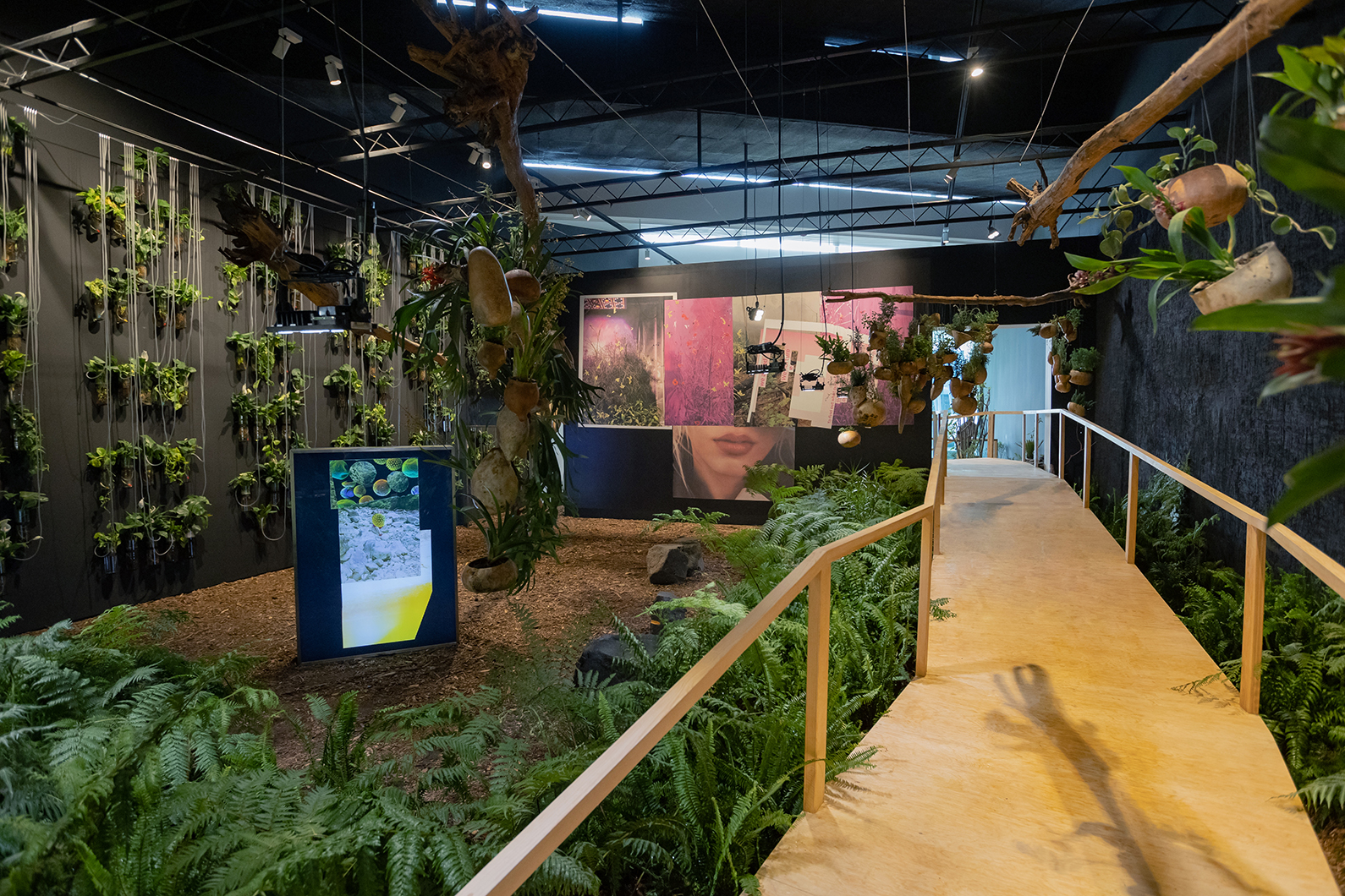 A room with a walkway, lots of plants planted into the ground, an hanging from the ceiling, and an art piece at the end of the walkway.