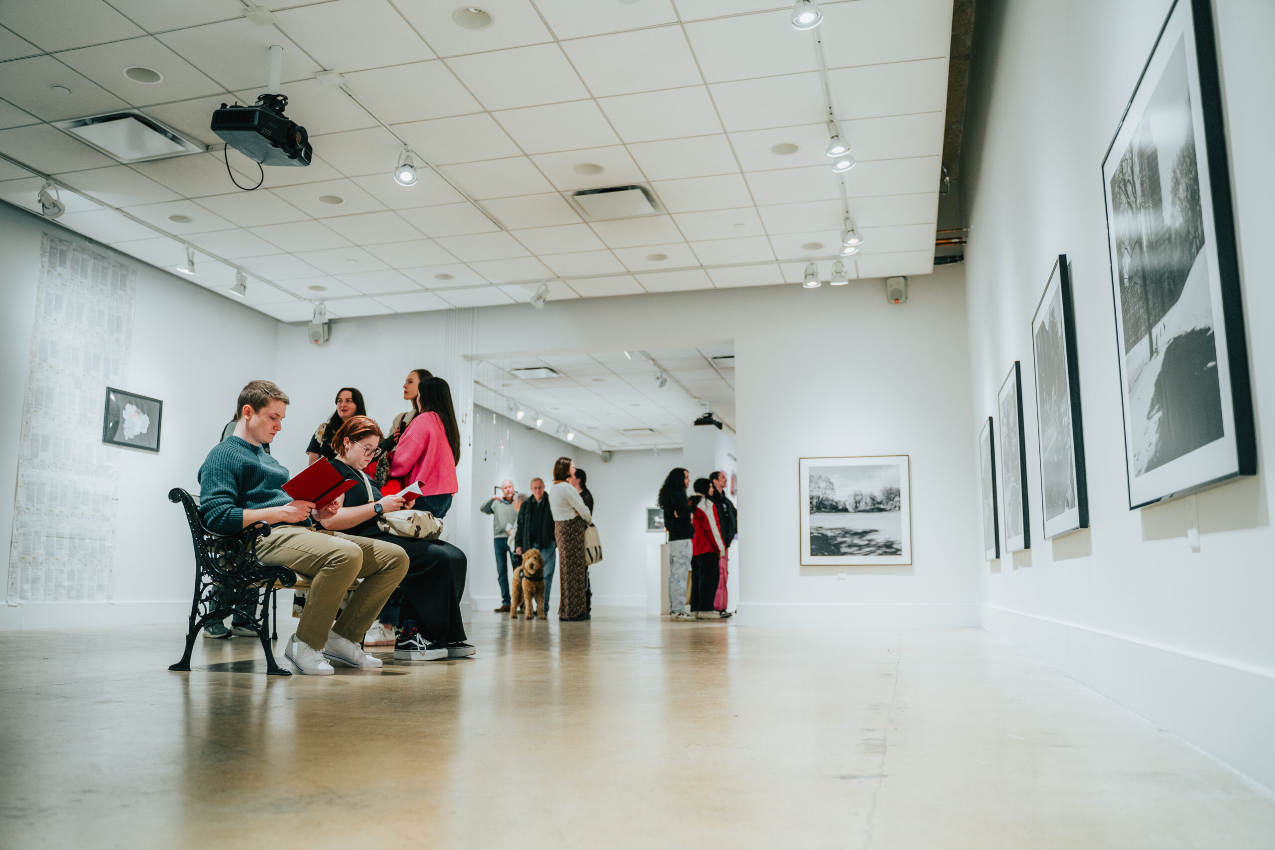 A gallery visitor is captured in profile as they study a monochromatic artwork displayed on a white wall. Another person stands further away, looking at additional framed works. The room has a minimalist design with bright lighting.