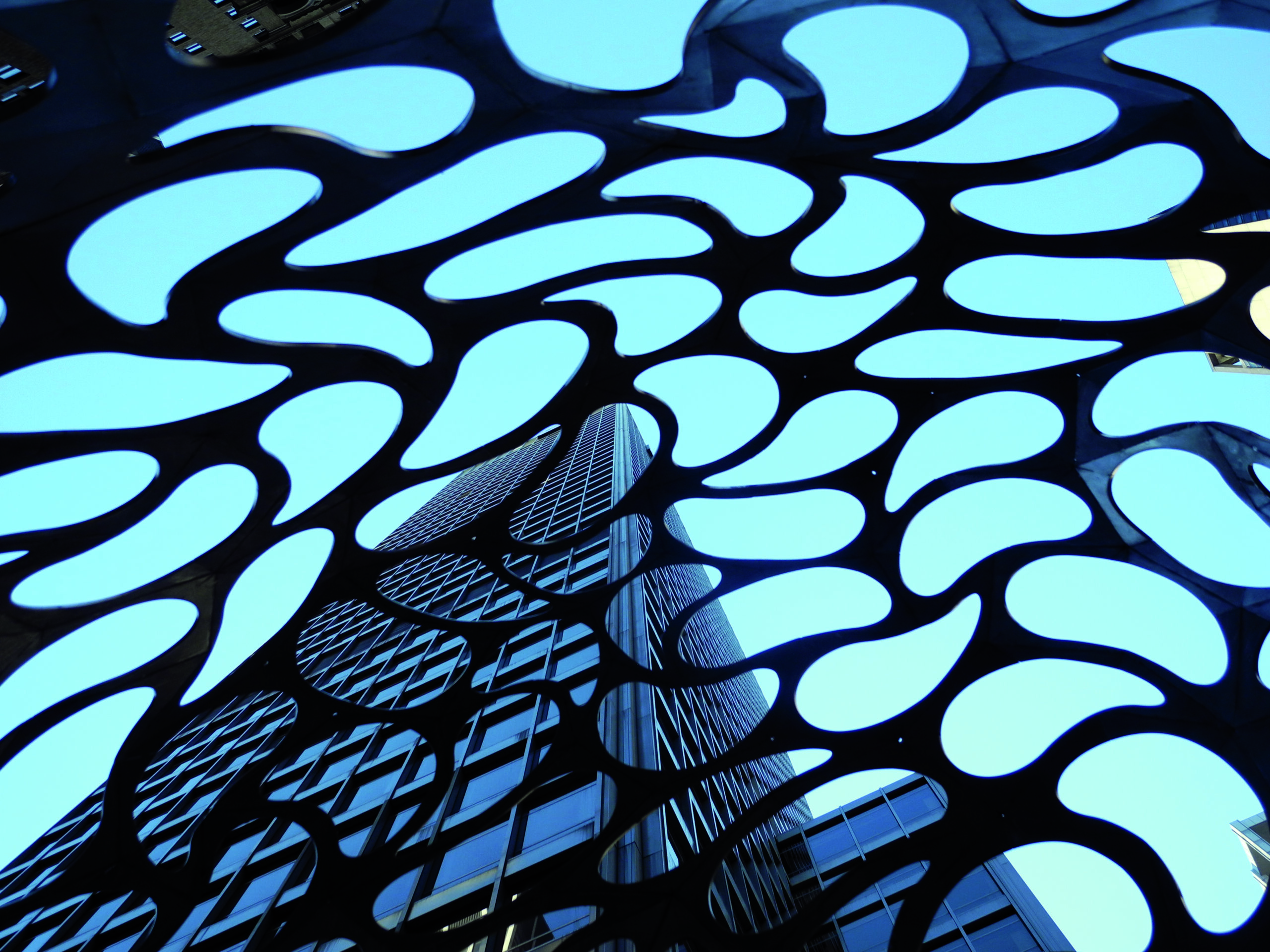 An artistic perspective shot looking up through an intricate, organic lattice structure. The lattice creates fluid, amoeba-like cutouts revealing the clear blue sky and tall glass skyscrapers beyond. The dynamic composition highlights the relationship between architecture and design.