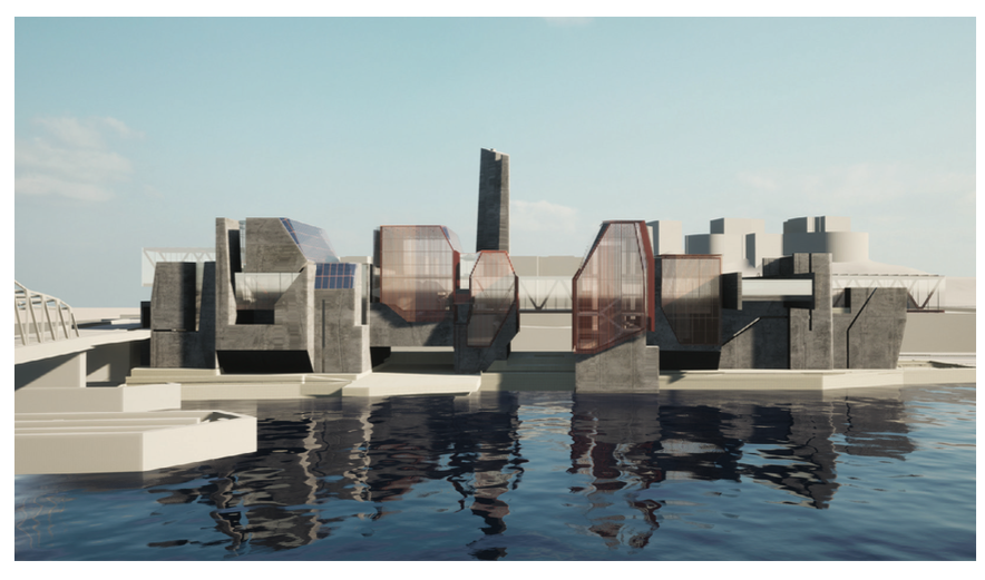 An architecture rendering of a large building next to a body of water. The building is composed of many different shapes and uses extensive glass windows throughout.