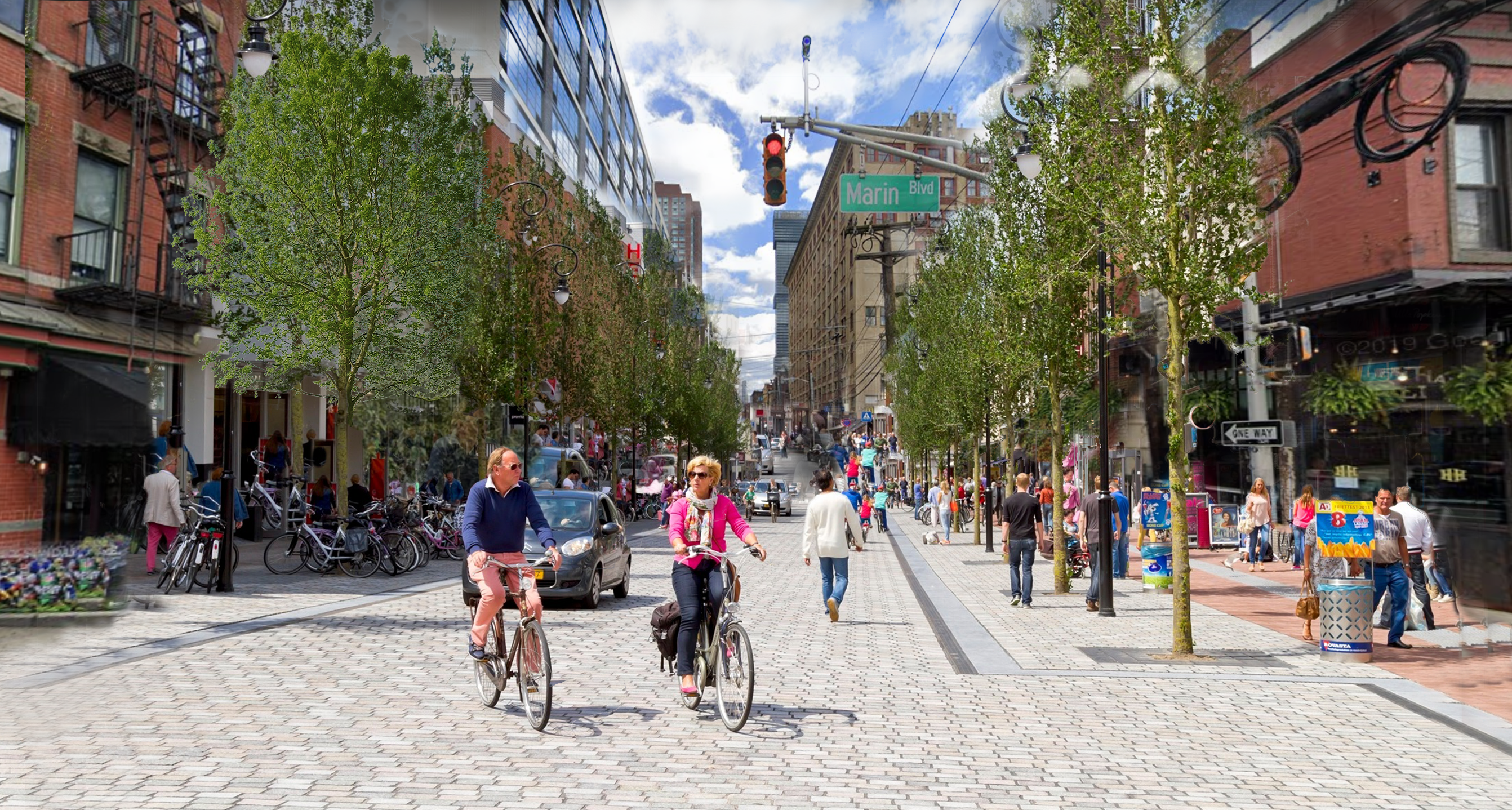 rendering of busy intersection, with retail shops in background, couple biking in foreground