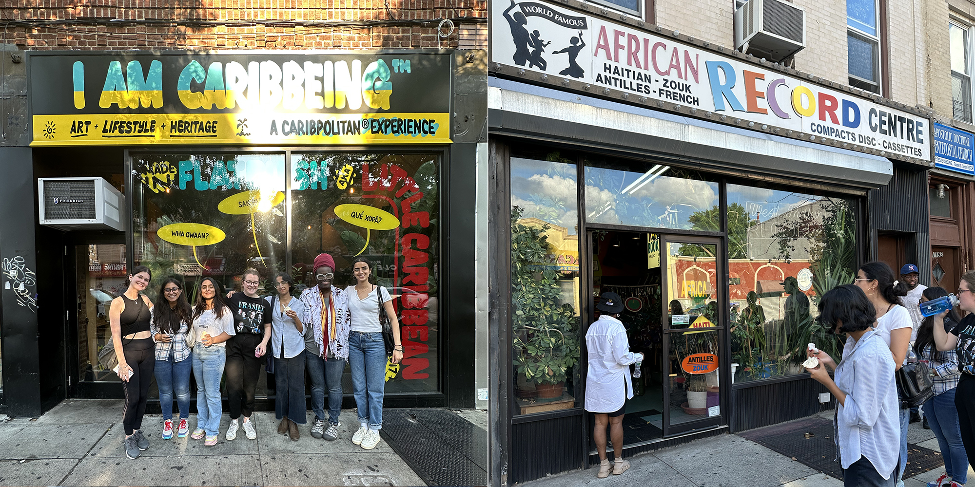 Historic Preservation students with Dr. Sophonie Milande Joseph, adjunct associate professor in the Graduate Center for Planning and the Environment outside of I Am CaribBEING in Brooklyn (photo by Shelley Worrell); Joseph’s studio visits the African Record Centre (photo by Dr. Sophonie Joseph).