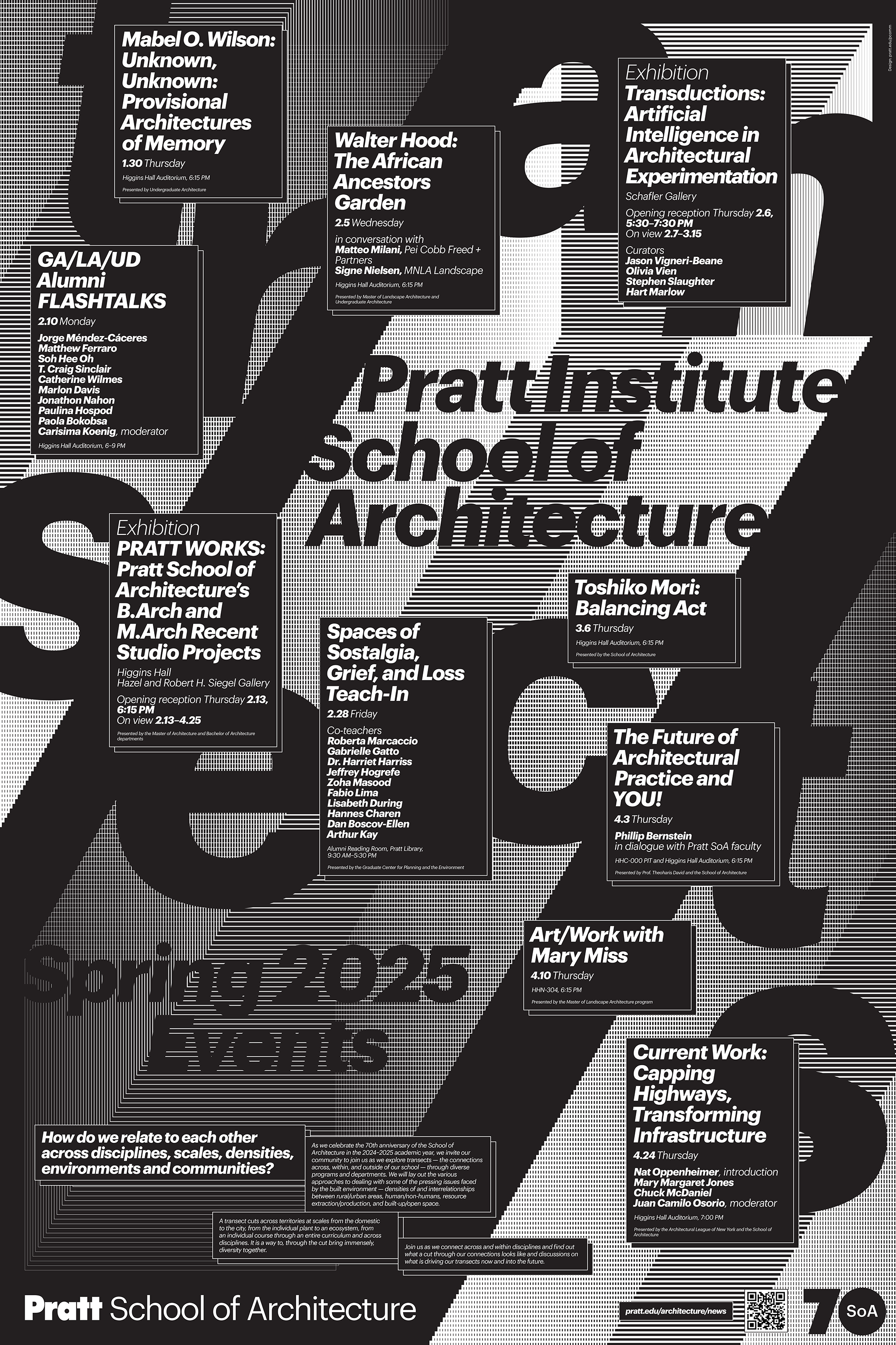 Black and white event poster for the Pratt Institute School of Architecture Spring 2025 event. The design features an abstract composition of linear patterns. Event details are included in the text, as described in the accompanying article.