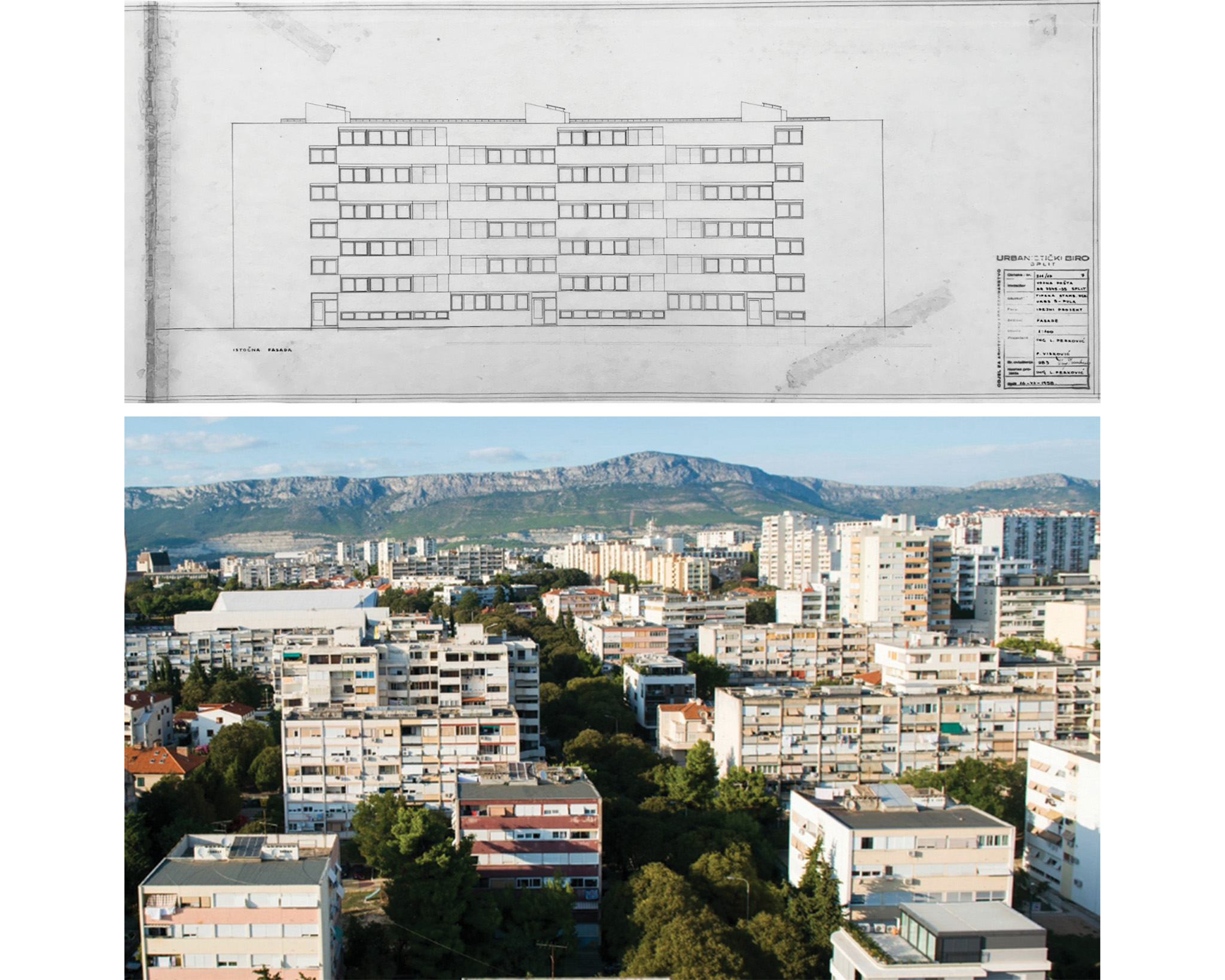 Top image is an architectural drawing of a multistory building. Bottom image is an aerial view of the Gripe neighborhood of Split, Yugoslavia featuring multiple buildings with mountains in the background.