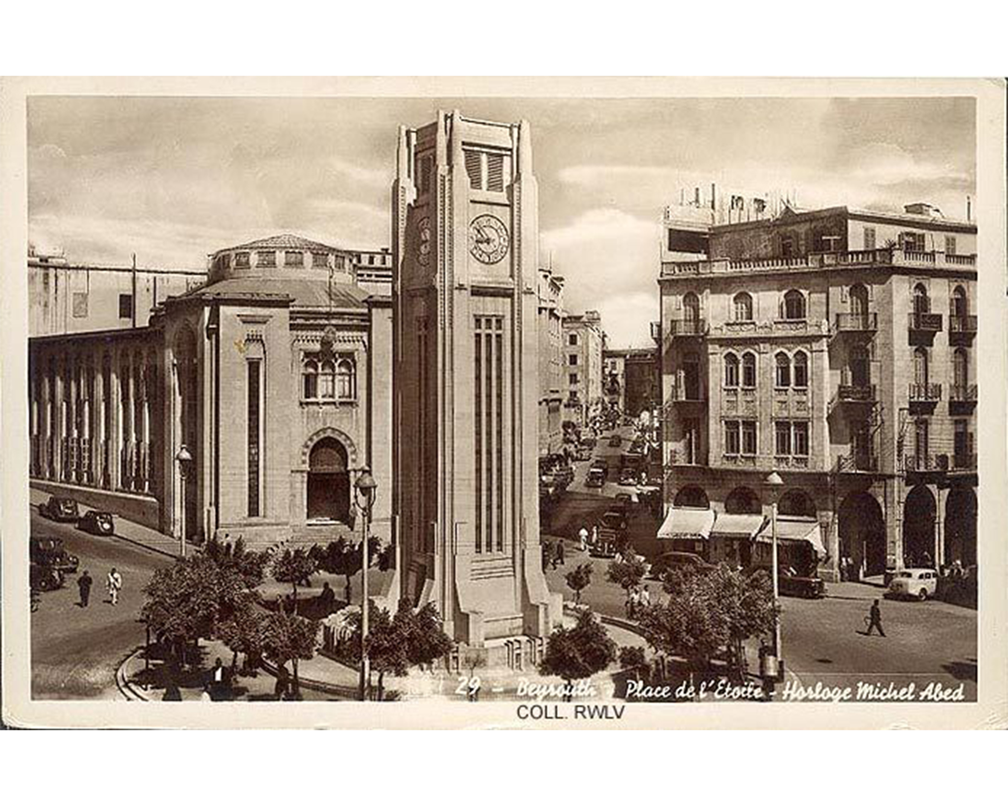 A vintage black-and-white postcard of Place de l'Étoile in Beirut, Lebanon, featuring the iconic clock tower, Horloge Michel Abed, in the center.