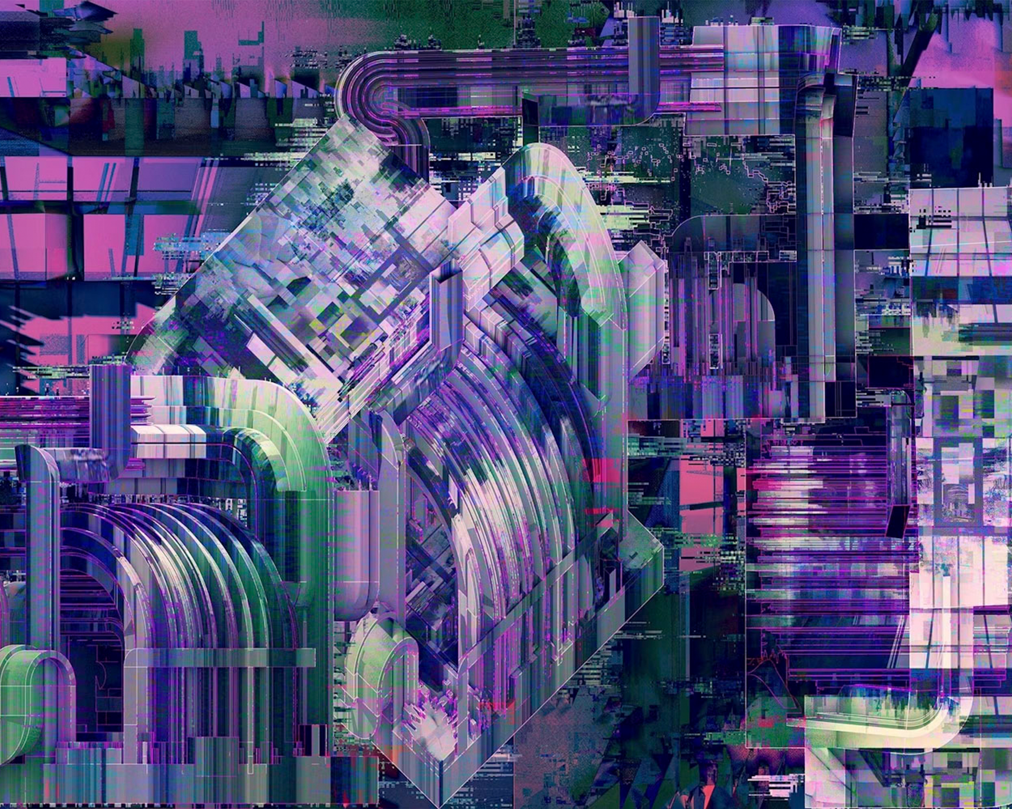 Abstract digital artwork featuring a futuristic cityscape with intricate geometric structures, metallic pipes, and glitch-like distortions.The color palette includes shades of purple, blue, pink, and green. The composition blends architectural elements with digital abstraction.