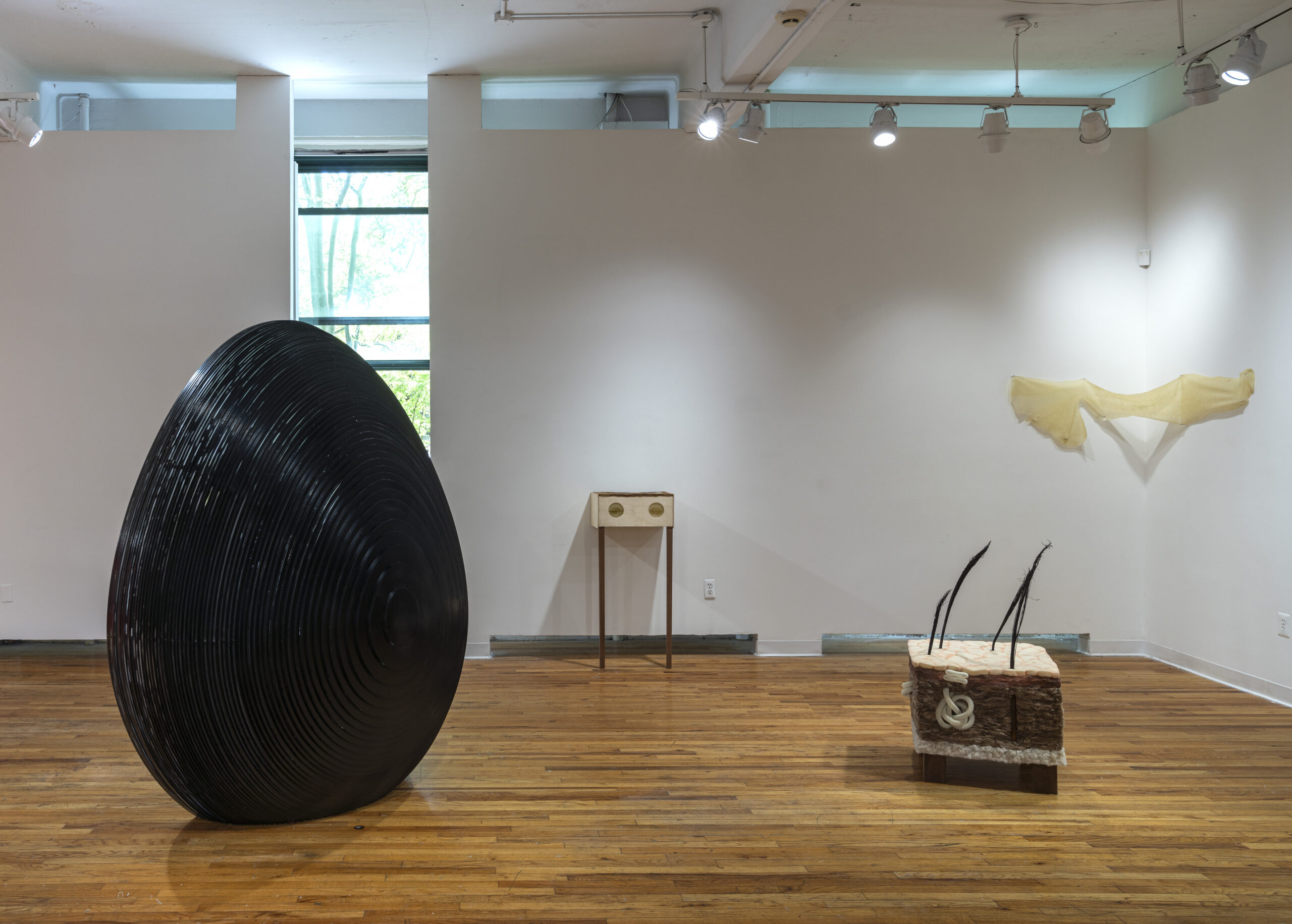 A gallery view showcasing contemporary sculptures. On the left, a large black, egg-shaped sculpture with concentric rings is prominent. To the right, a smaller sculpture made from beige material is on a wooden stand, and another sculpture with black, hair-like extensions protruding from a soft, textured base is on display.