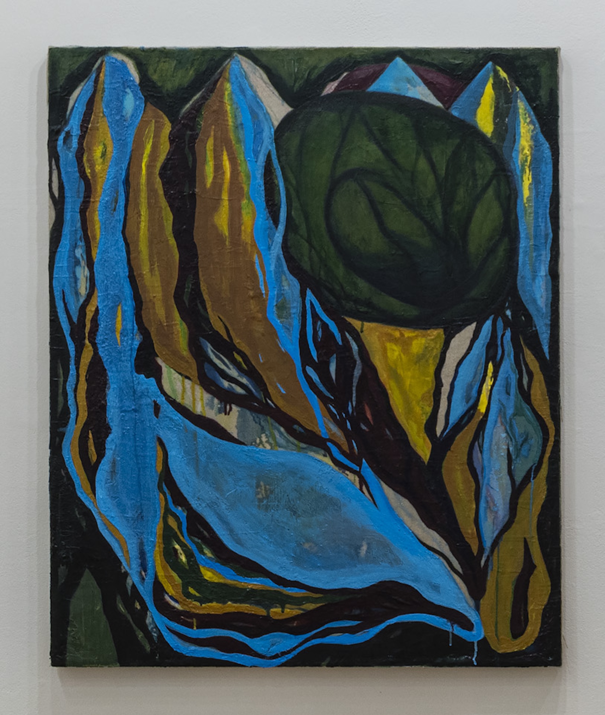 A vibrant abstract painting featuring bold, flowing shapes and lines. The composition includes large areas of rich blue, brown, and green hues. The shapes appear to intertwine and overlap, creating a sense of depth and movement. The use of color is striking, with the blue areas standing out against the earthier tones of brown and green. The painting evokes a sense of natural forms, perhaps resembling leaves, mountains, or flowing water, though it remains abstract and open to interpretation. The texture of the paint is visible, adding a tactile quality to the piece.