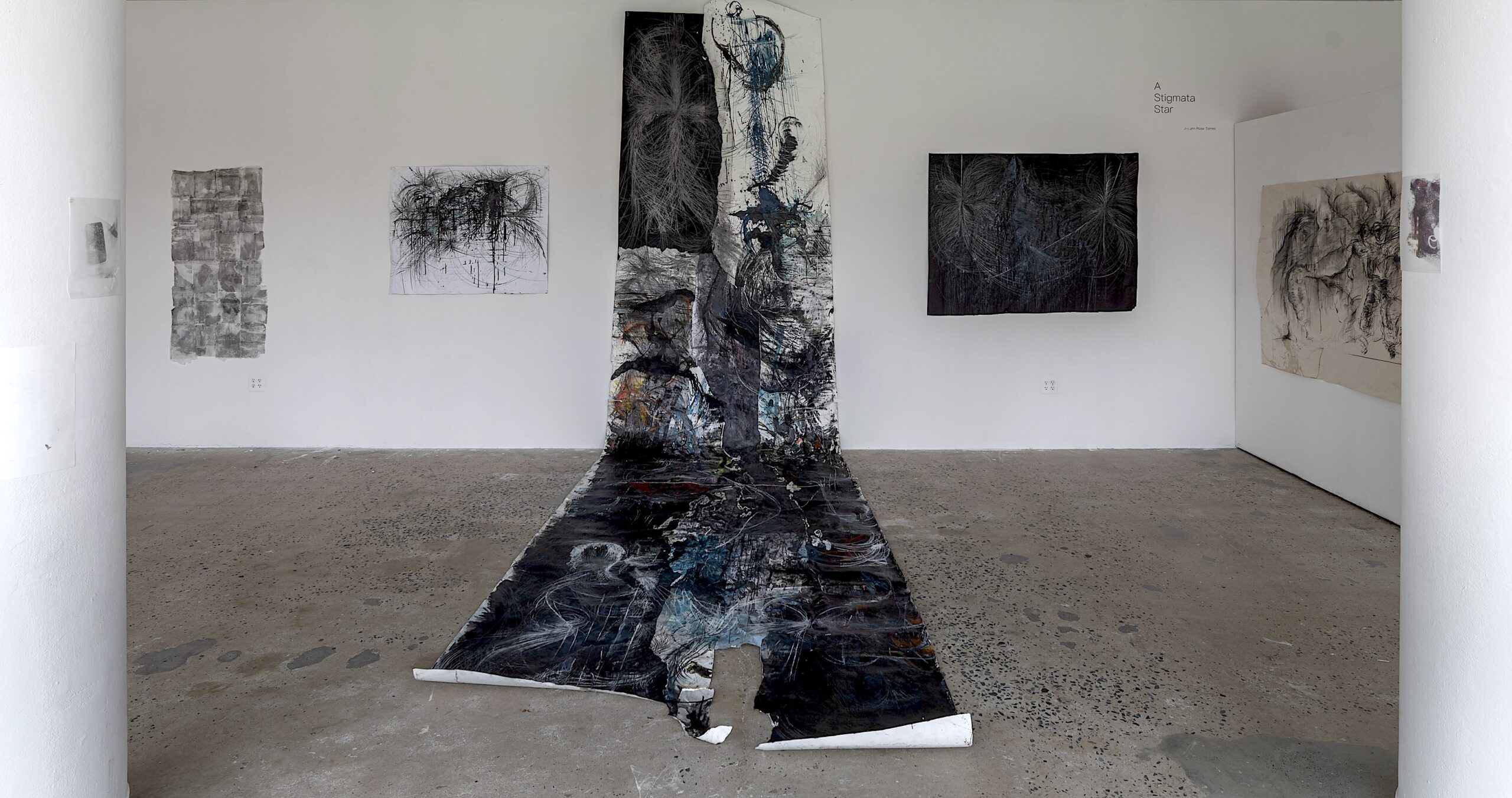 An installation in a gallery featuring a large, vertical piece of black fabric that extends from the wall to the floor, covered in expressive, abstract marks in white, black, and blue tones. The surrounding walls display other abstract artworks in muted colors, with textures suggesting layers of ink or charcoal. The floor is bare concrete, adding an industrial feel to the space.