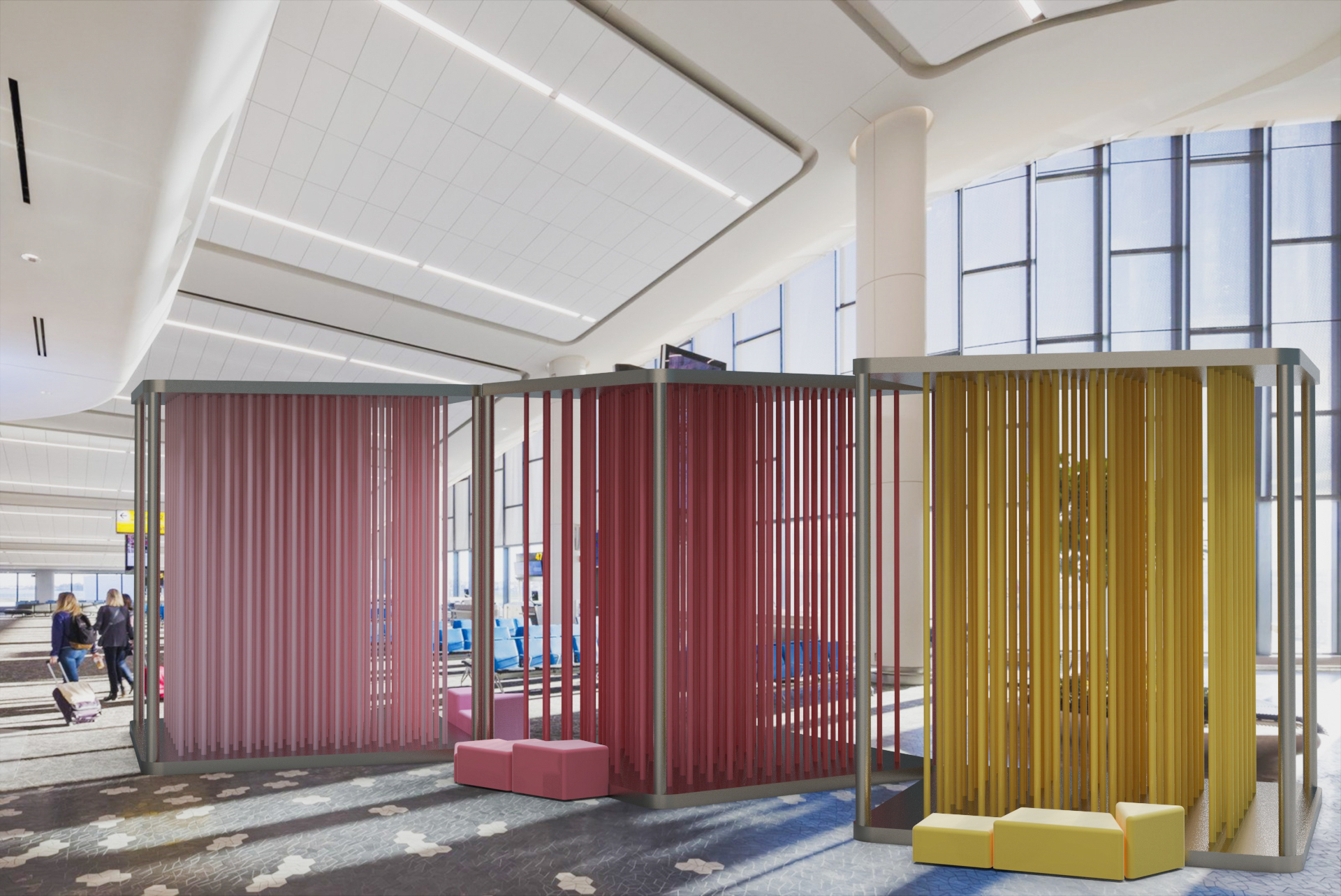 Large structure in an airport featuring vertical rubber bars in pink and yellow.