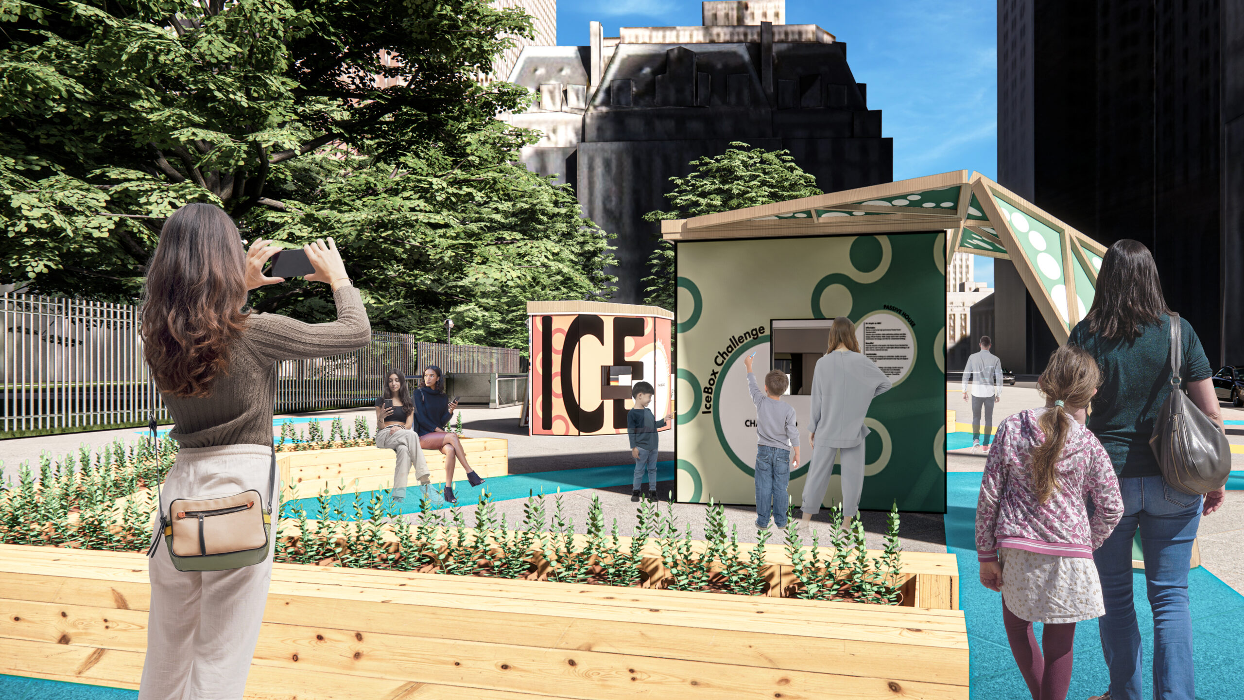 In architectural rendering, people look at and photograph small-scale structures with Ice Box Challenge signage in an urban courtyard