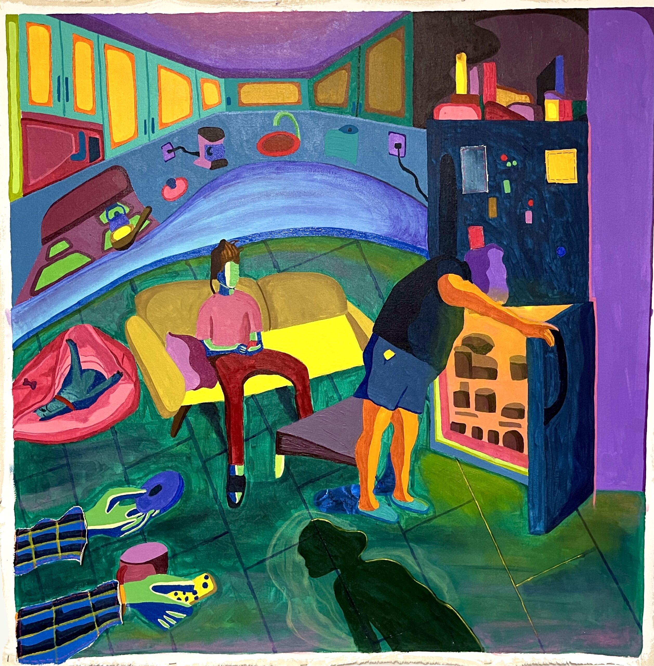 In a colorful, distorted room, a figure sits on a yellow couch as another opens a refrigerator door, with hands protruding from one corner and a person’s shadow cast across the foreground