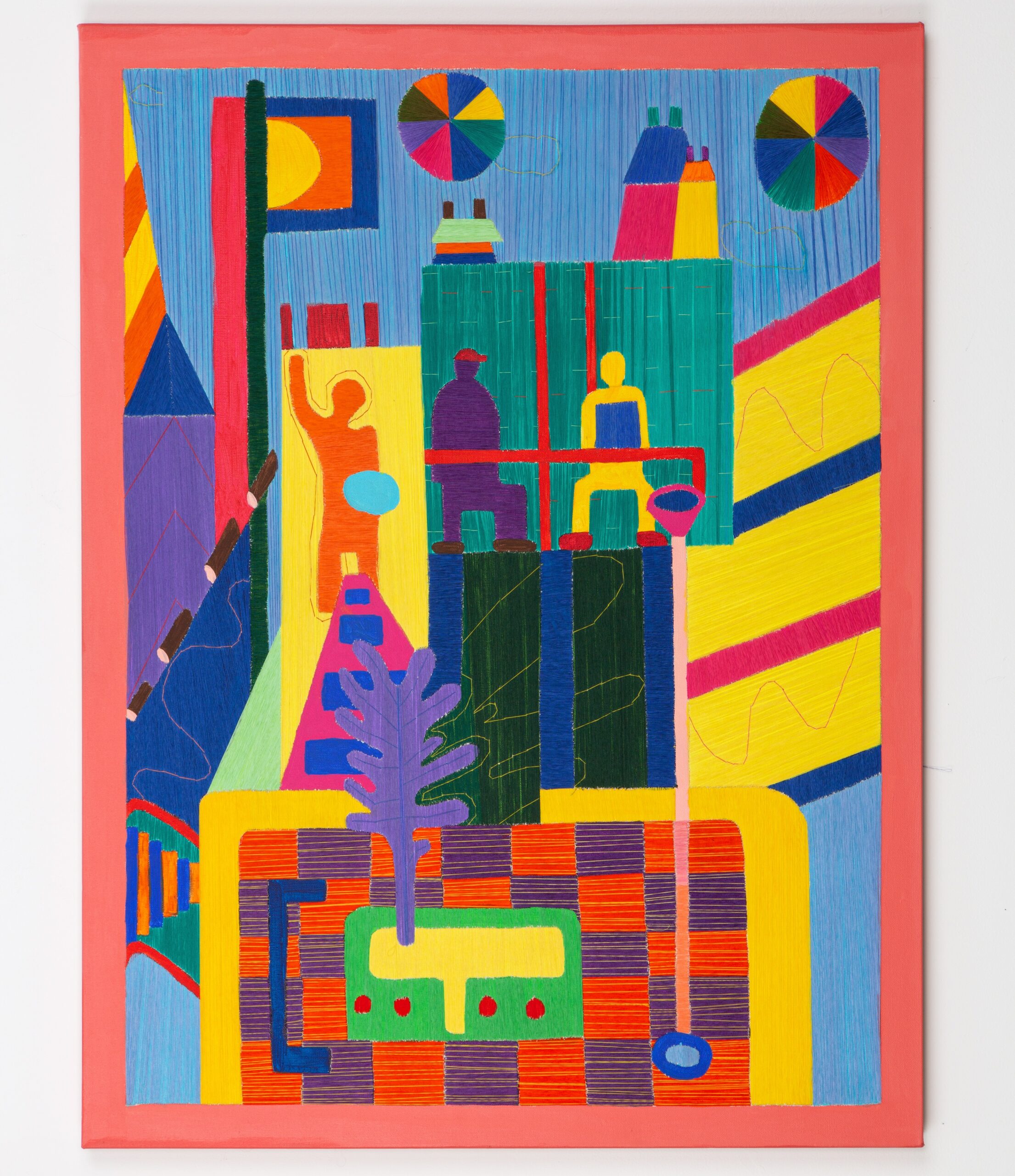 Graphic blocks of color depict trees, buildings, people inside and outside in a vibrant urban environment