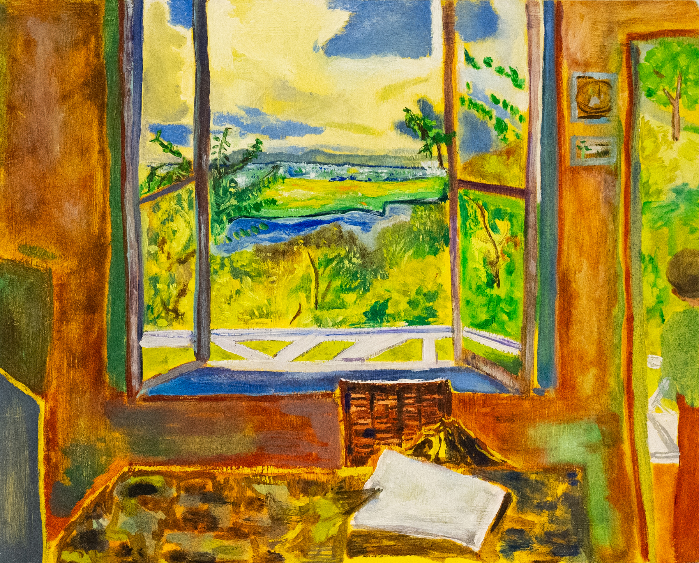 A window looks out to a pastoral landscape with stream, fields, and distant mountains from a home interior with a child standing in the doorway to the outside