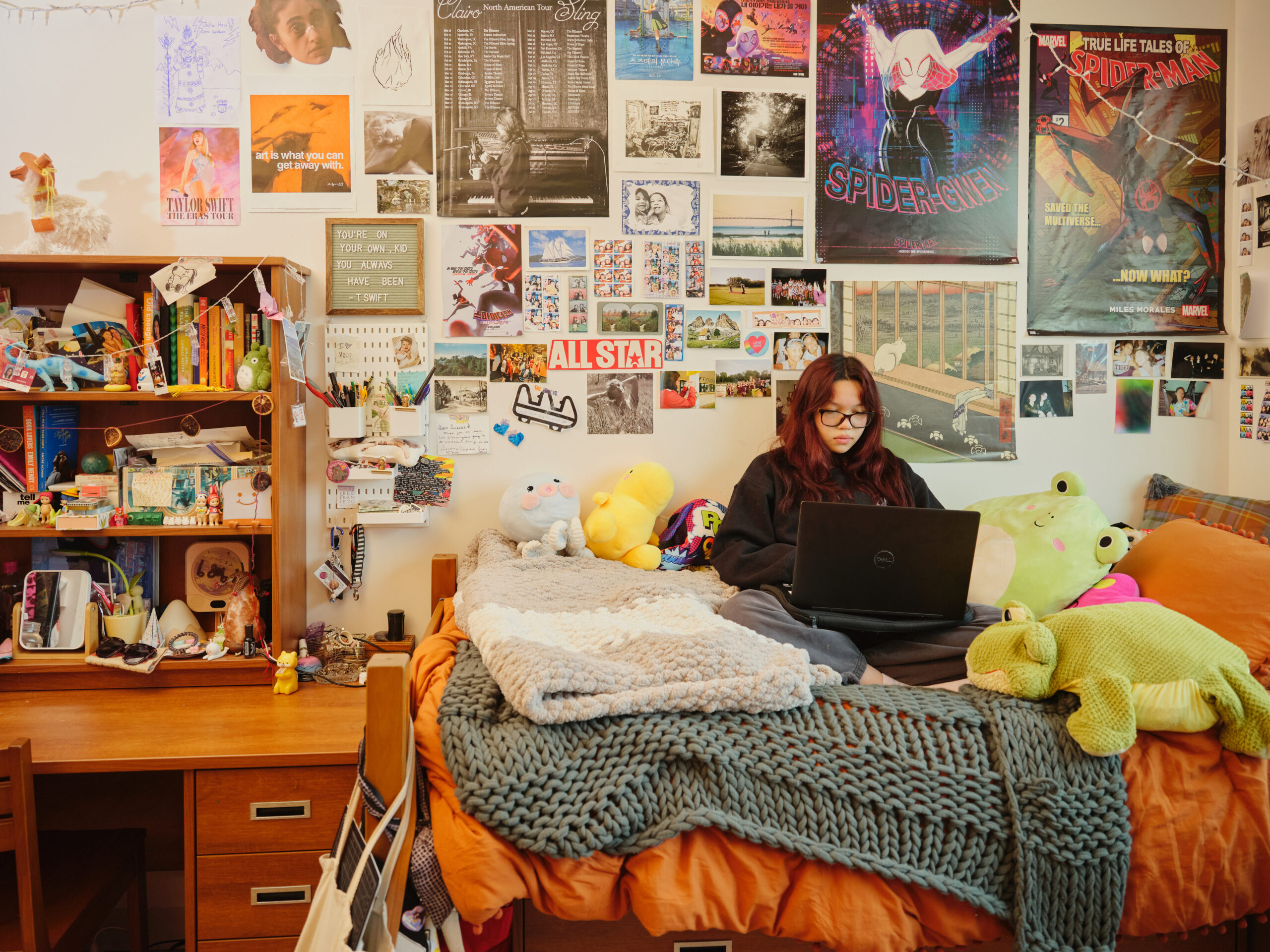 A young woman with long red hair and glasses sits on a bed, focused on her laptop. She is surrounded by plush toys, including a large frog pillow. The wall behind her is covered with various posters, photos, and artworks, including posters of Spider-Gwen and Spider-Man. The room is colorful and cozy, with a bookshelf on the left filled with books and assorted items. A desk with more personal items and decorations is also visible. The overall atmosphere is creative and personal, reflecting the occupant's interests and personality.