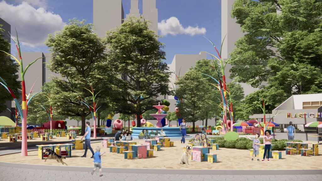 This image shows a vibrant and colorful rendering of a children's playground set in an urban park. The playground features whimsically painted trees with rainbow-colored ribbons, a bright blue fountain, and various imaginative play structures, including oversized toys and playful sculptures. Kids are seen enjoying the area, some playing on the structures while others run or walk around. The setting is lively and cheerful, surrounded by high-rise buildings that suggest a city environment.