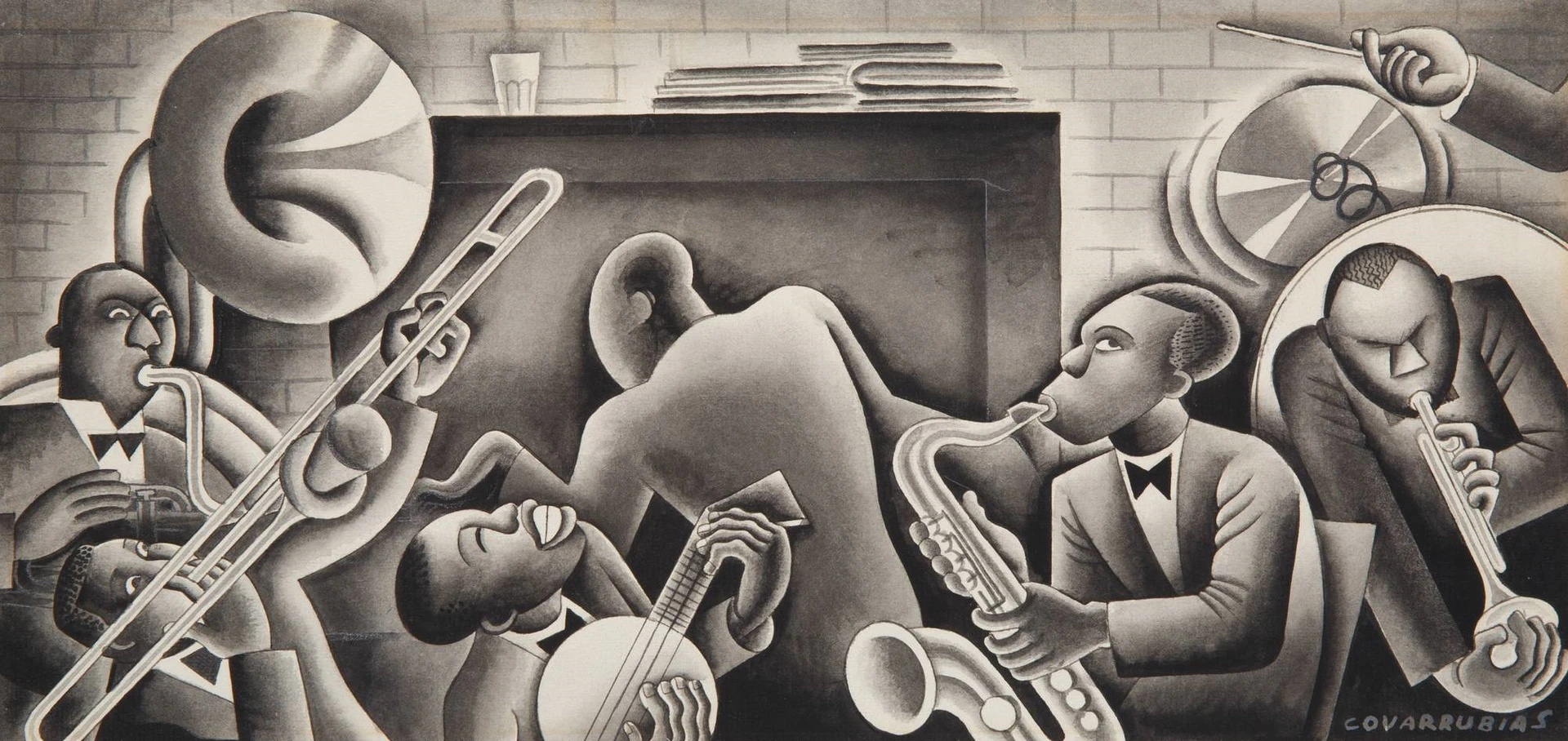 Black and white painting of a jazz band.