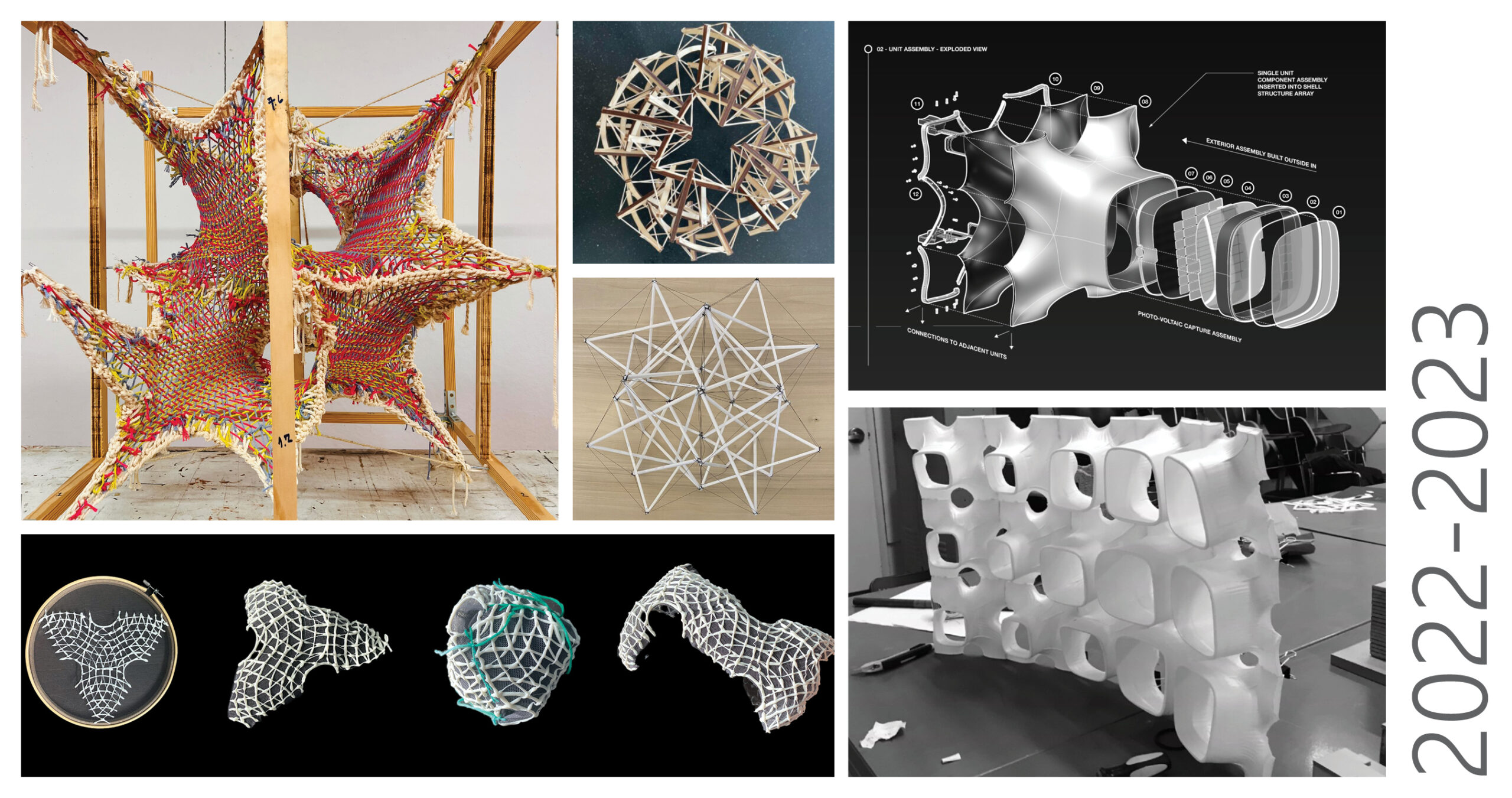 Collage of 6 images displaying different sculptures from Morphology Studios for the year 2022-2023.