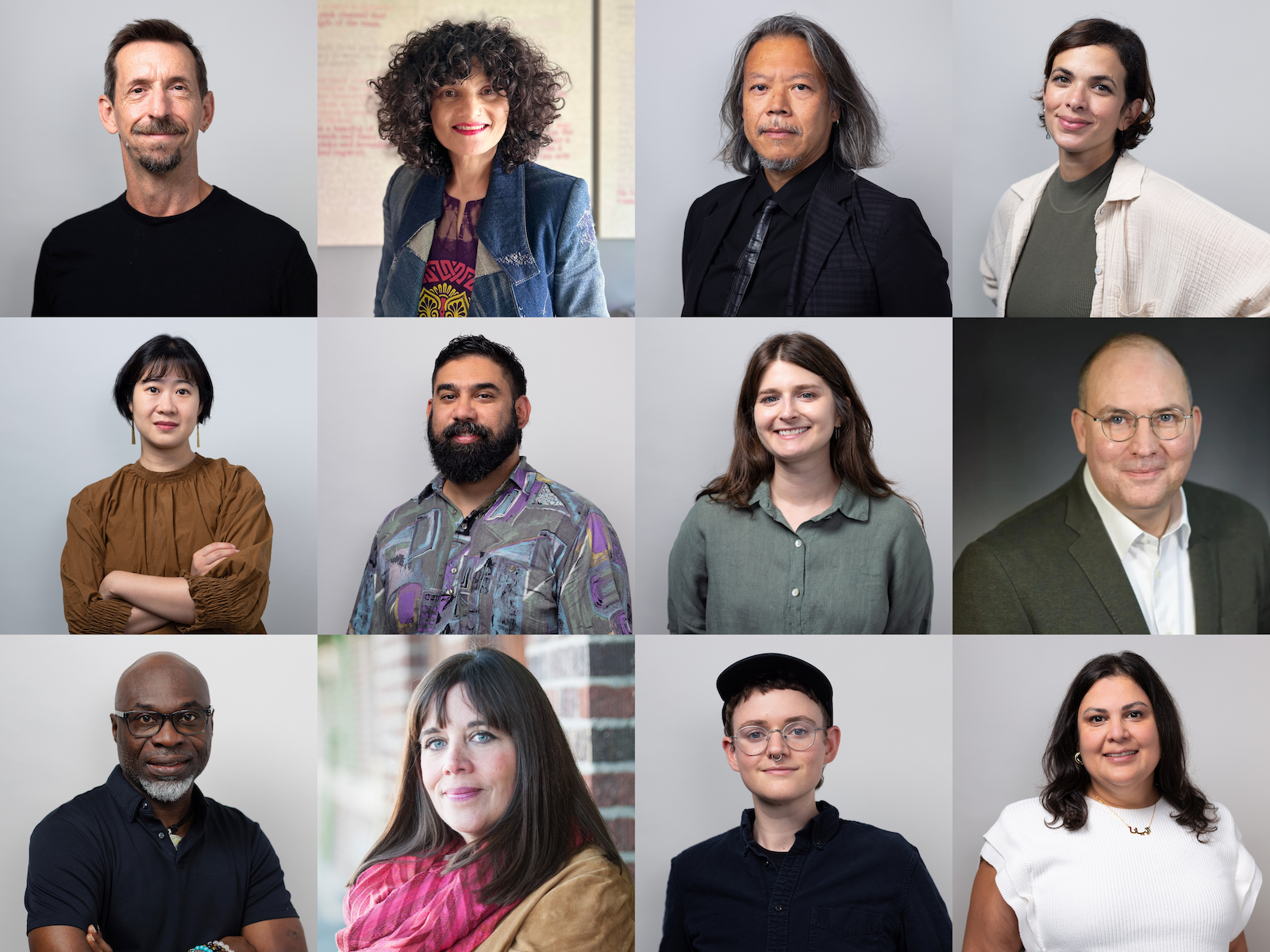 A collage of twelve faculty members' headshots arranged in three rows and four columns. Each individual poses against a neutral background, featuring a variety of expressions and attire. The diverse group includes people with short, long, curly, and straight hairstyles, wearing casual and formal clothing.