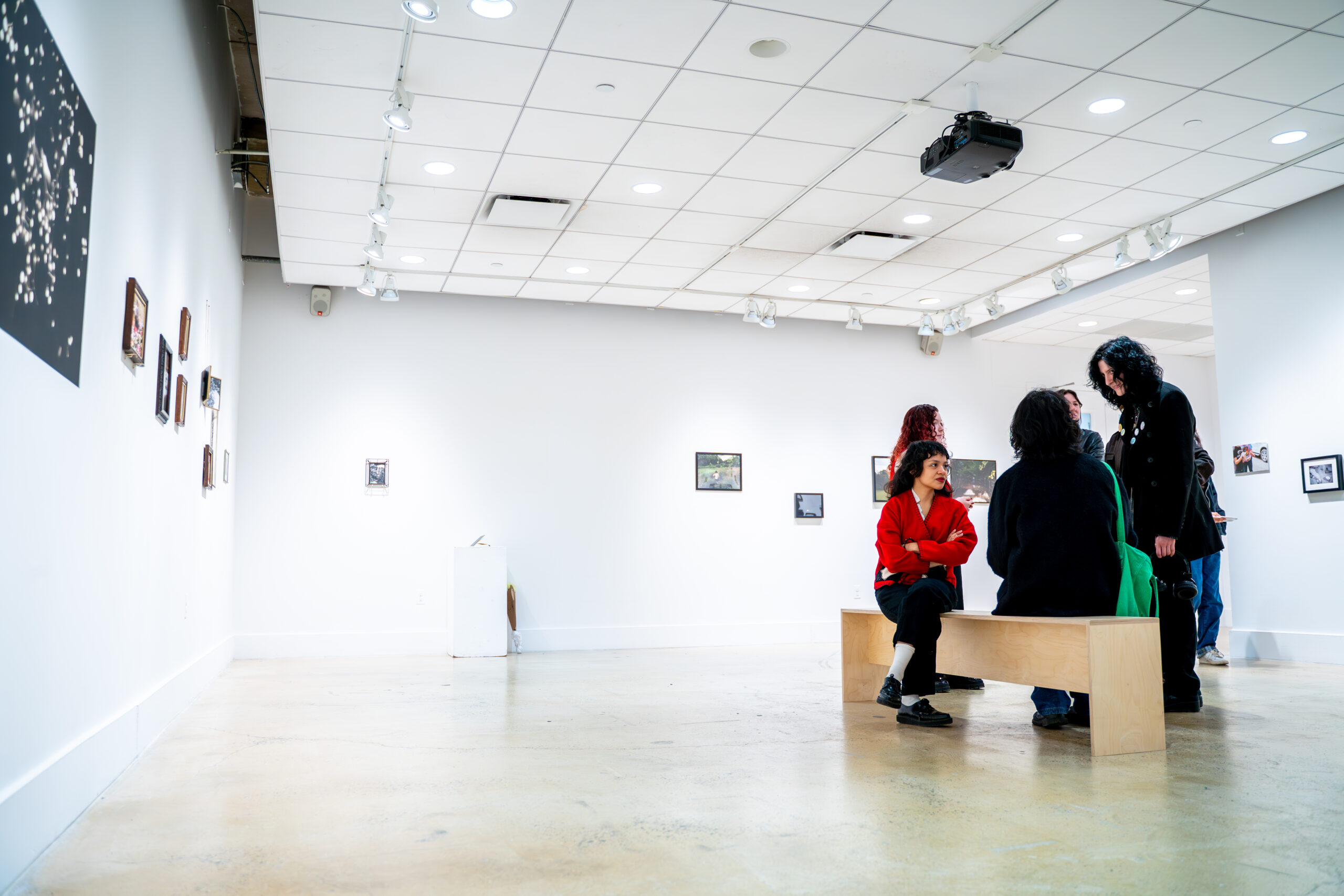 A person wearing a black jacket and jeans closely examines a row of framed photographs mounted on a white gallery wall. The photographs vary in size and include a mix of colorful and monochromatic images. The floor is polished, and the gallery is well-lit.